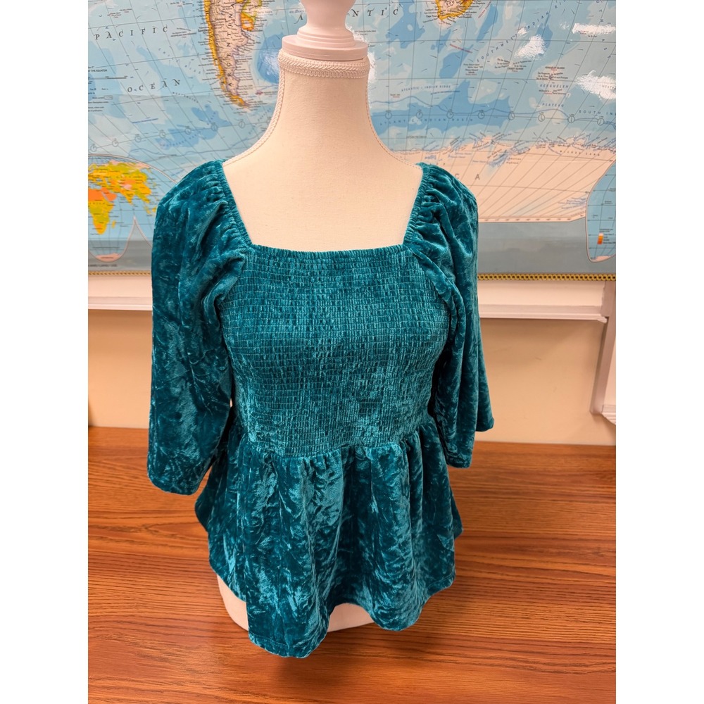 Belle du Jour Girls XL Teal Blue Crushed Velvet Smocked Peplum Puff Sleeve Top